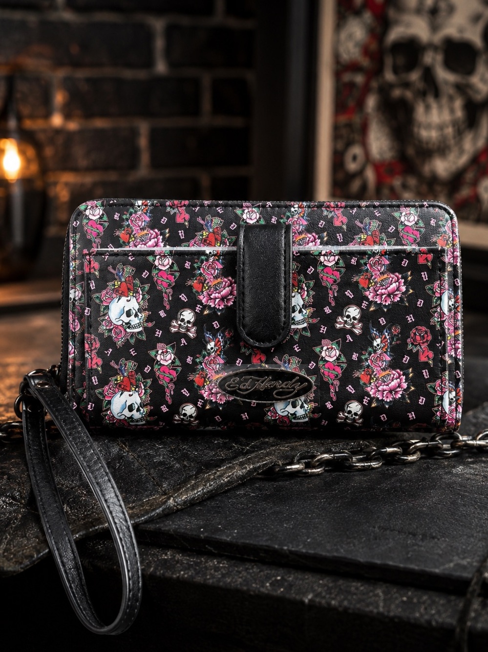 Ed Hardy Skull & Rose Print Zip-Around Wristlet Wallet | Black | Y2K